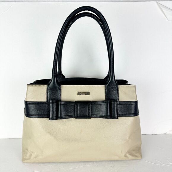 Kate Spade Leather Bow Tote Bag Purse Cream Black - Picture 1 of 12